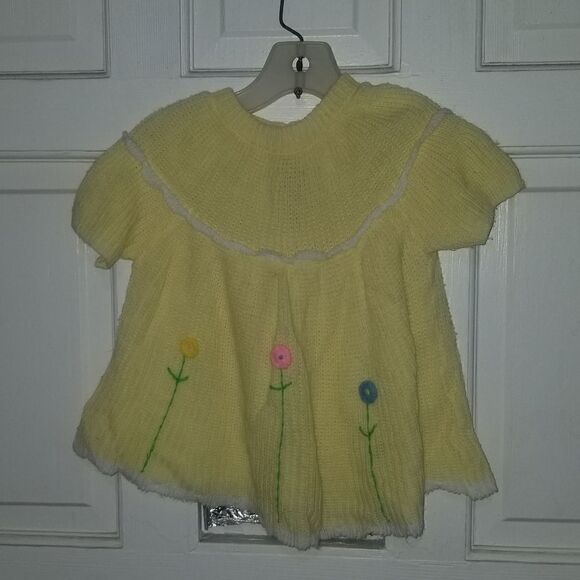 Vintage Handmade Knit Crochet Baby girl dress Yellow & white soft spun made in J - Picture 1 of 9